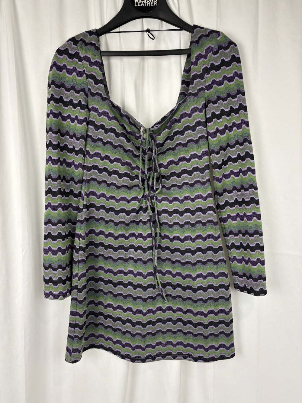 Zara Vintage Retro 90s Purple Green Metallic Stripe Cutout LS Mini Dress S